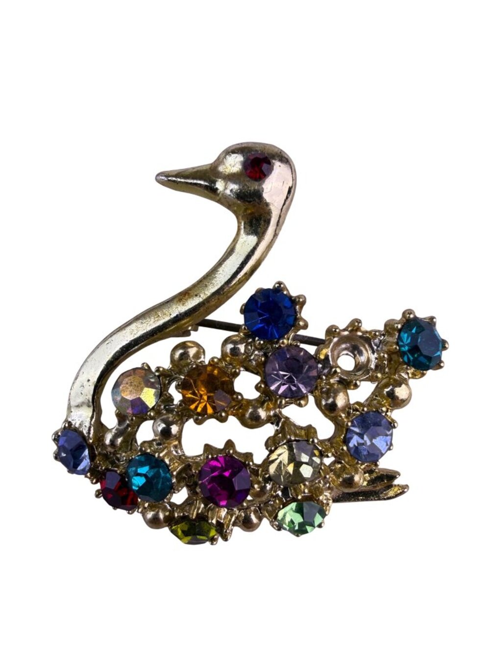 Gold-Tone Metal Multicolor Rhinestone Swan Brooch Pin Womens Jewelry